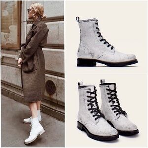RARE FRYE Veronica Crackled Lace Up Chunky Combat Boots White Black Size 7